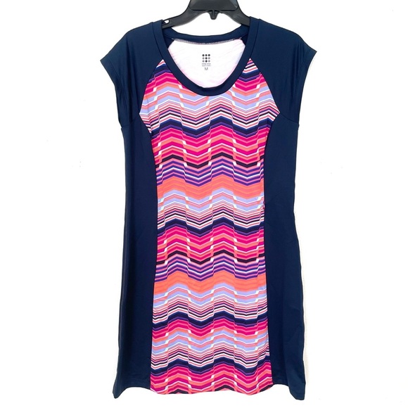 Title Nine Dress Blue Multi Stripe Short Sleeve Zip Pocket Stretch Pickleball M - Picture 1 of 6